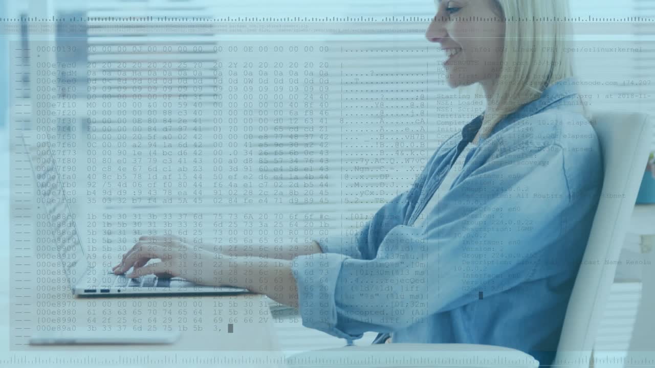 Animation of data processing over caucasian businesswoman using laptop