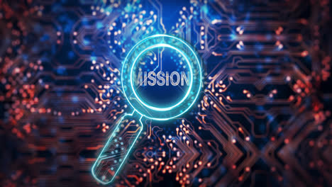 animation of magnifying glass with mission text over computer circuit board