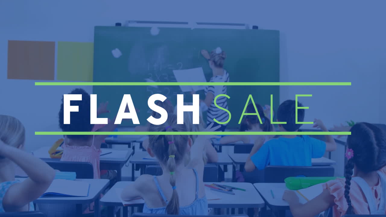 Flash Sale text animation over classroom scene with children and teacher