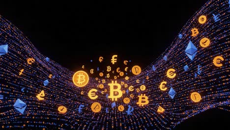 dynamic visualization of cryptocurrencies and financial symbols representing blockchain technology transformations in modern digital economies