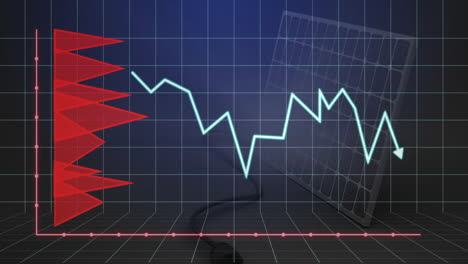 fluctuating financial graph animation over grid with red bar chart