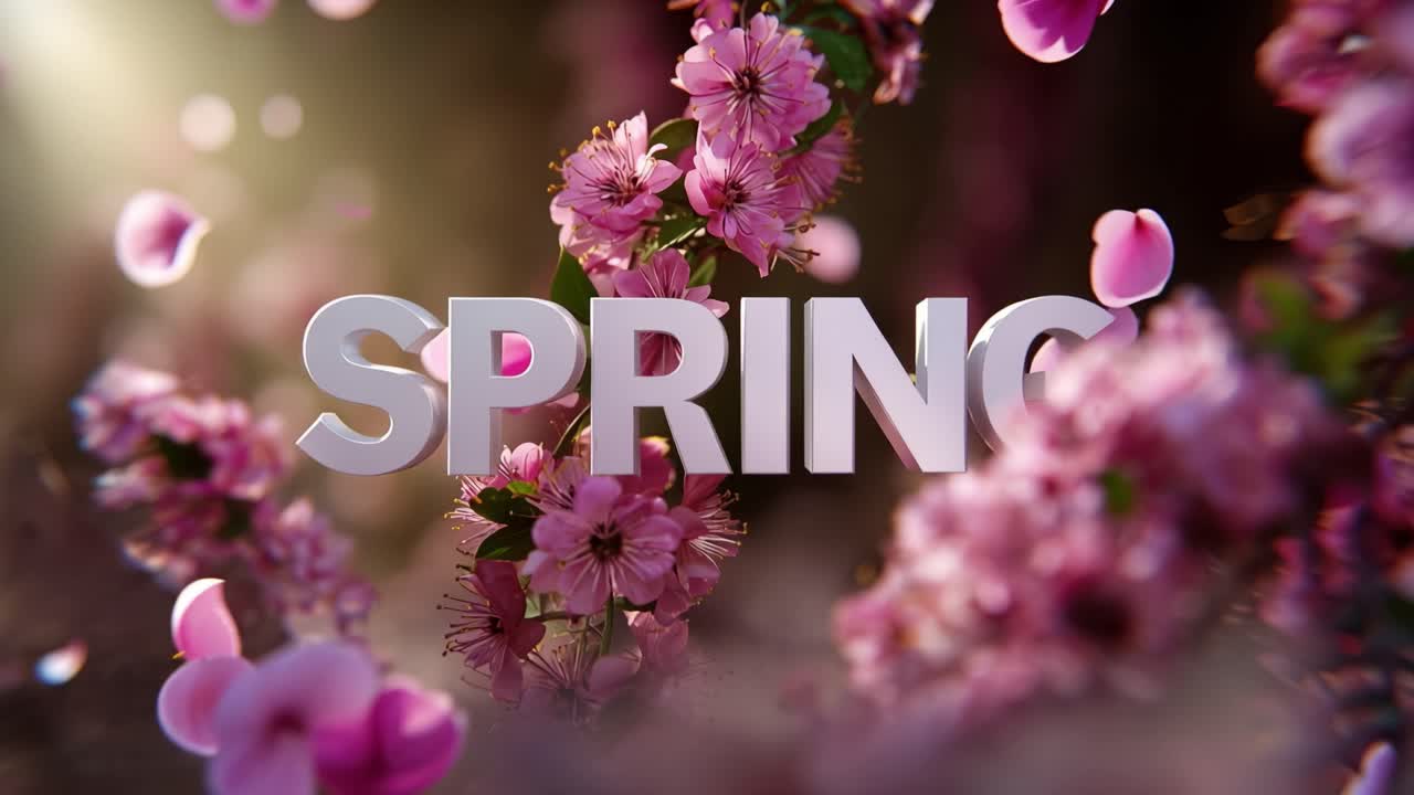 Pink blossoms sway gently in soft spring breeze. White letters spell "SPRING" with subtle motion blur effect. Sunlight filters through petals, creating dreamy, warm glow. Natural beauty evokes renewal