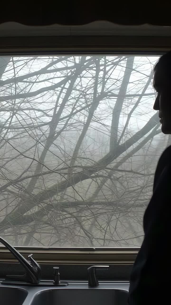 Vertical video: Noticing foggy branches, man wearing dark coat shifting at kitchen sink, copy space