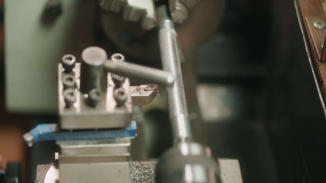 Close-up of a metal lathe in operation