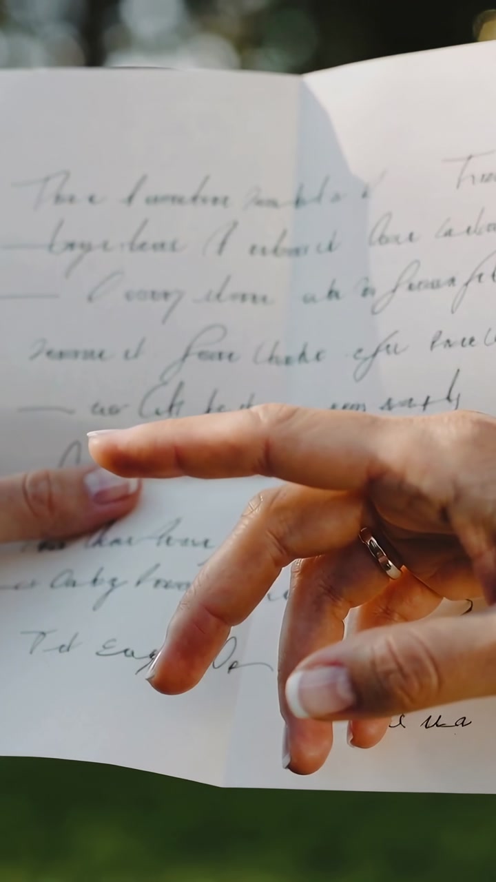 Two adults left hand holding folded letter, right hand entering tracing cursive lines for education