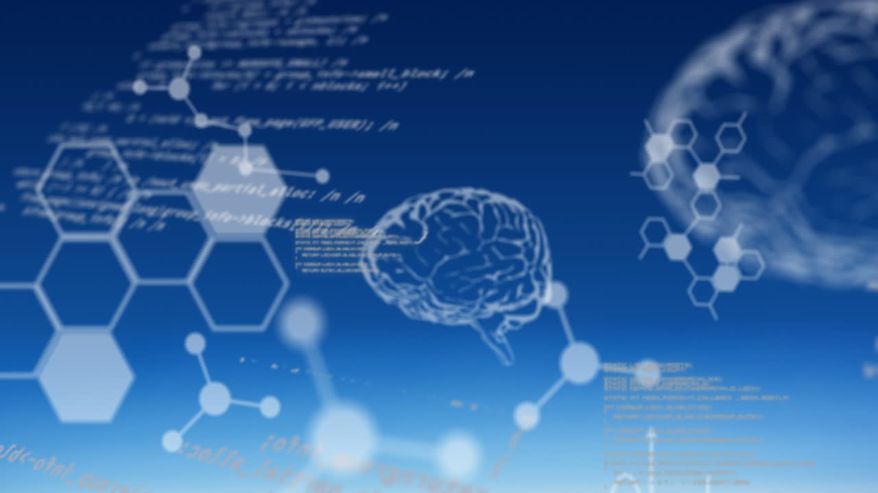 Animation of data processing and chemical icons on blue background