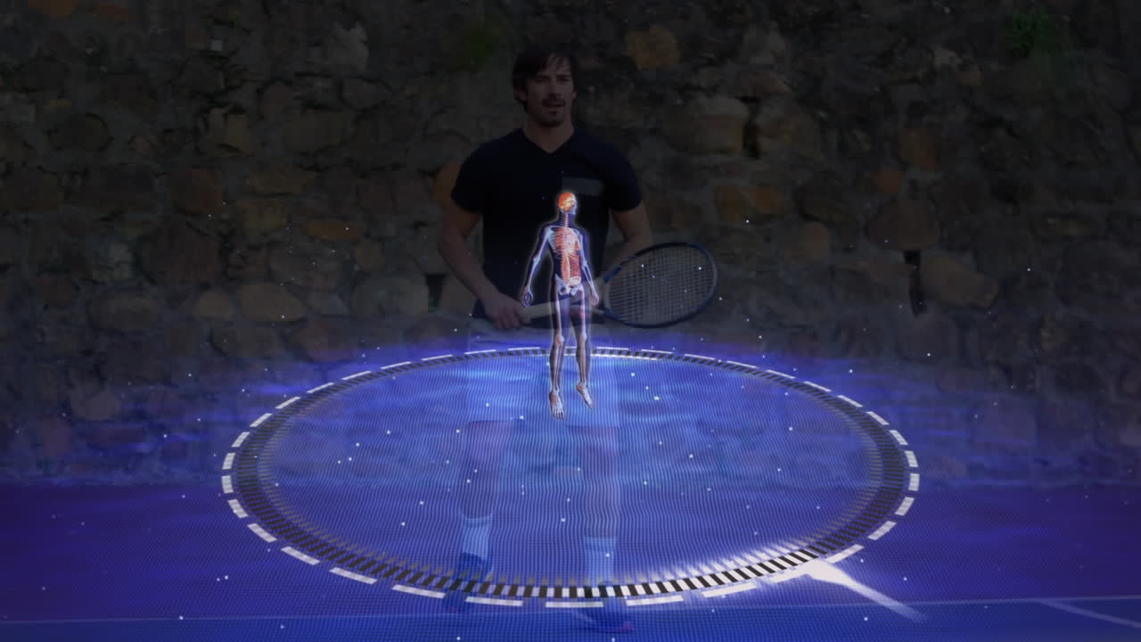 animación del cuerpo humano y telescopios girando sobre el jugador de tenis masculino