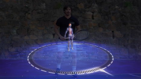 animación del cuerpo humano y telescopios girando sobre el jugador de tenis masculino