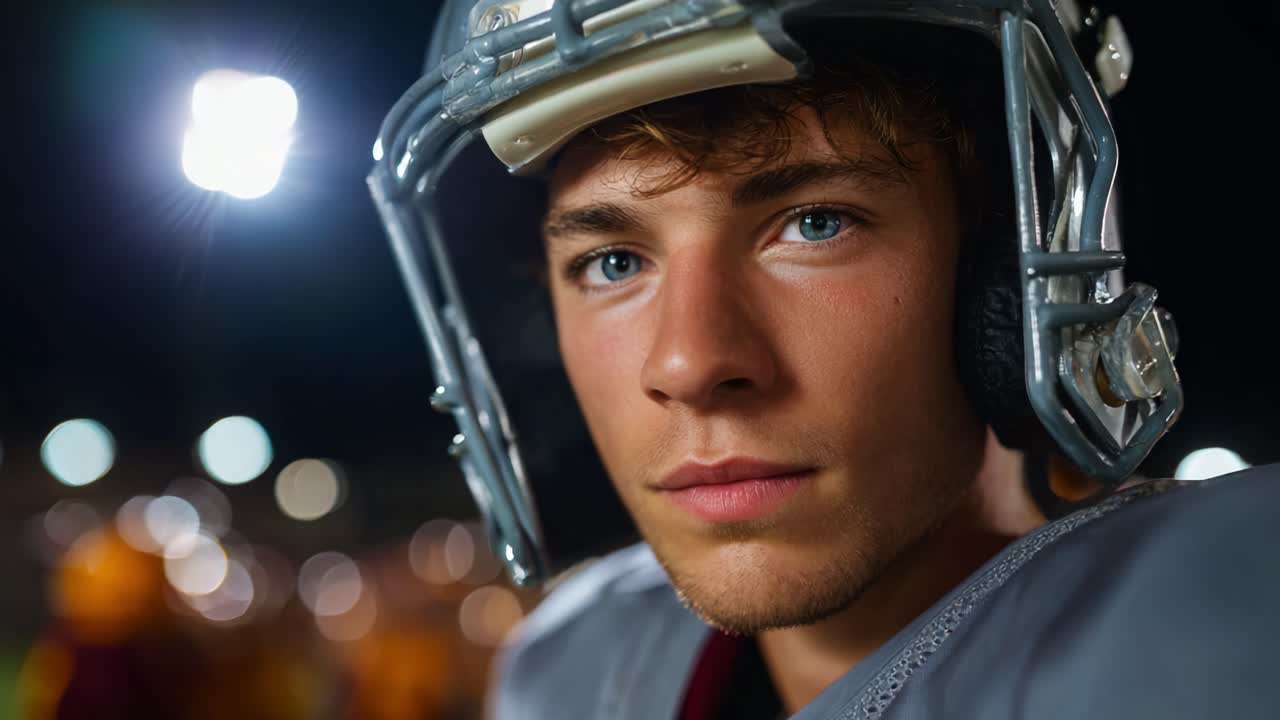 Intense Moment: A Young Football Player Captured Under Lights Showcasing Focus and Determination in the Game, Ready for Action on the Field