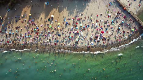 crowded beach scene from above