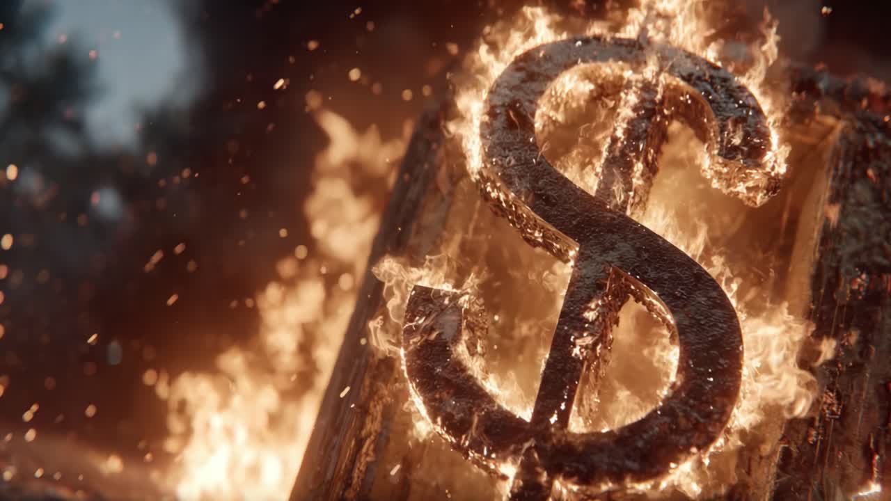 Tampilan visual dramatis dari simbol moneter yang terbakar menggambarkan konflik intens antara kekayaan dan kehancuran, menggabungkan unsur api dan mata uang dengan cara yang memukau.
