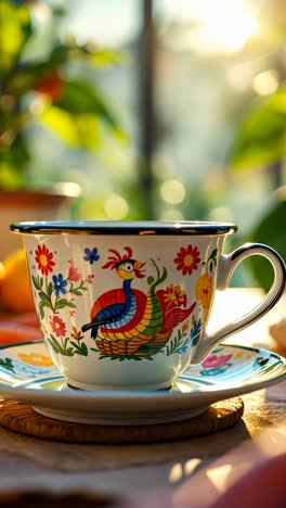 colorida taza de té floral en un patio