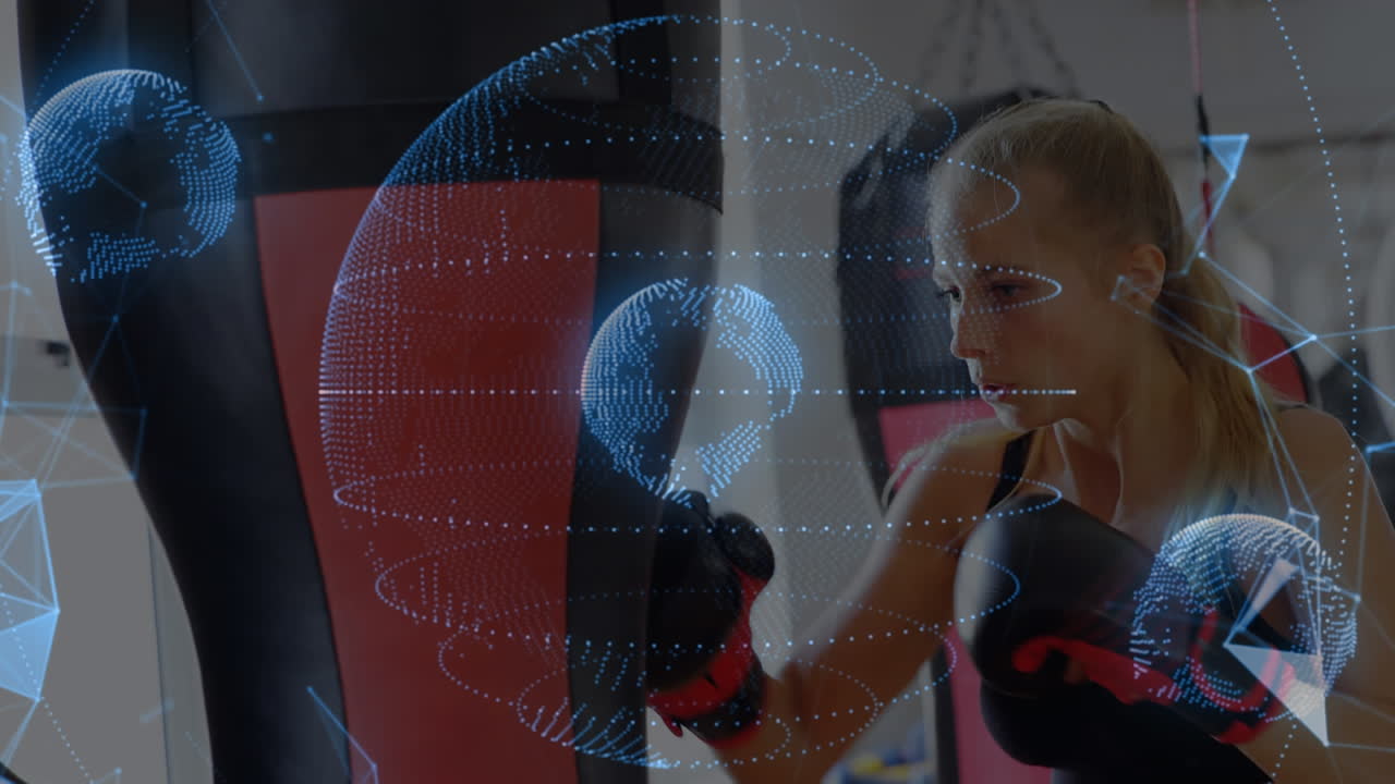 지구의 애니메이션, 연결된 점들이 모양을 형성하는 카우카시안 여성 권투 선수가 치백에서 연습하고 있습니다.