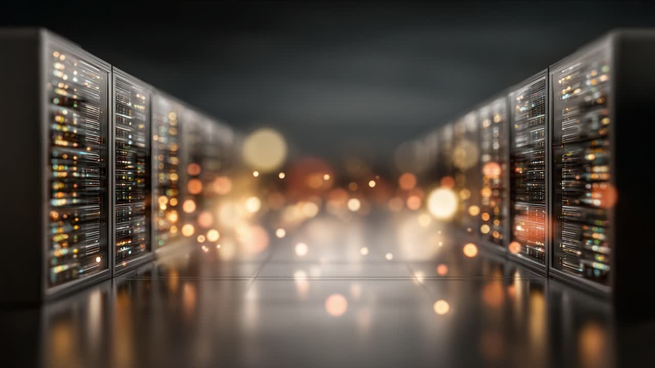 Exploring the Endless Aisles of a Modern Data Center with Rows of High-Tech Servers Glowing in the Ambient Light, Manifesting the Future of Data Storage and Management