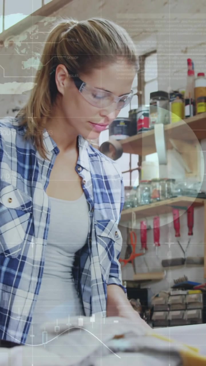 Animazione di elaborazione dati su falegname femmina caucasica che lavora in un laboratorio