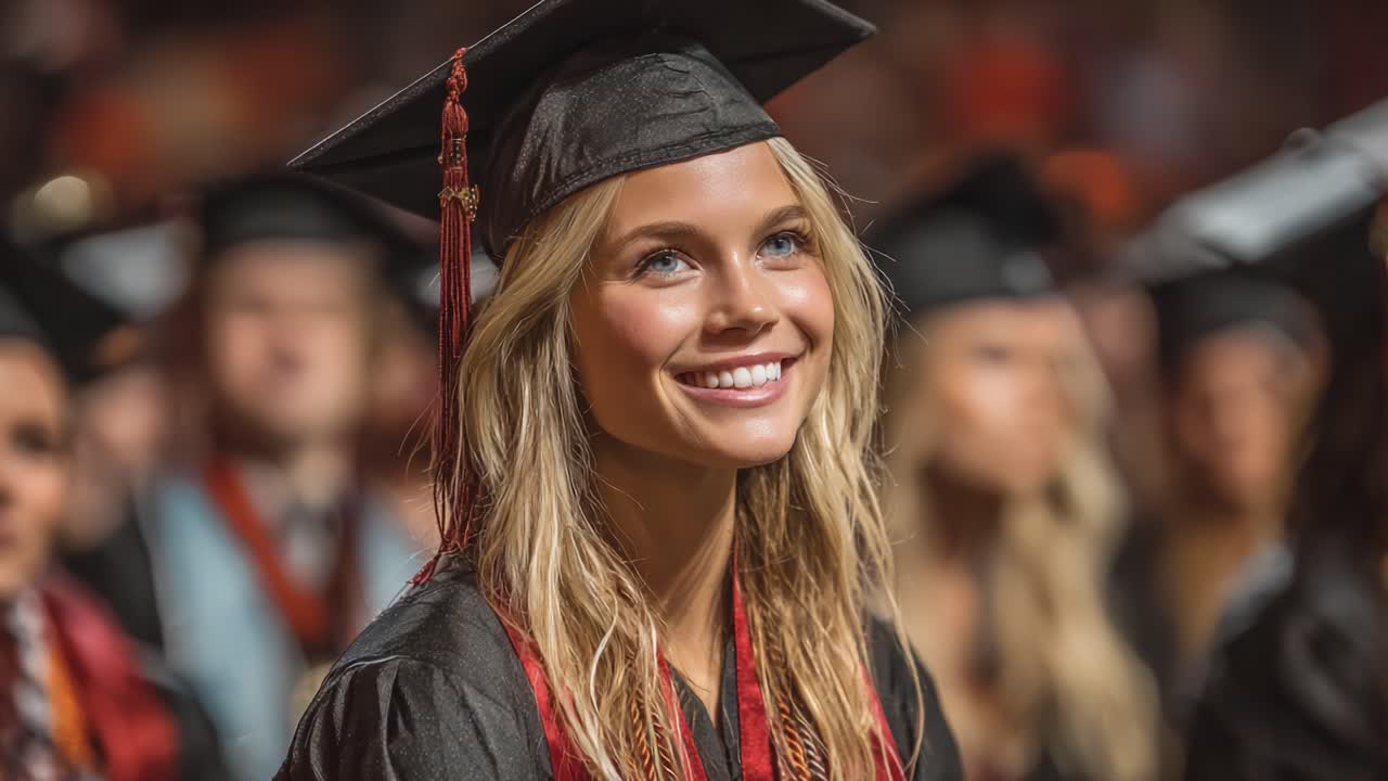 Celebration of Achievement: A Young Graduate Beaming with Pride at Her Graduation Ceremony Surrounded by Fellow Graduates in Caps and Gowns