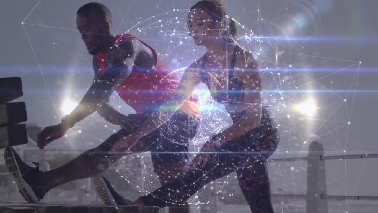 animación de la red de conexiones sobre mujeres y hombres que hacen ejercicio al aire libre