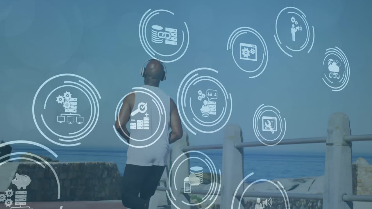 animación de iconos de los medios sobre un hombre afroamericano mayor corriendo en la playa