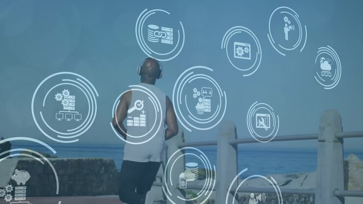 Animation of media icons over senior african american man running at beach