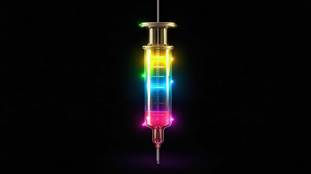 Una siringa dai colori vivaci sospesa su uno sfondo scuro, che mostra uno spettro di colori brillanti, evidenziando la complessità delle attrezzature mediche e il suo fascino visivo