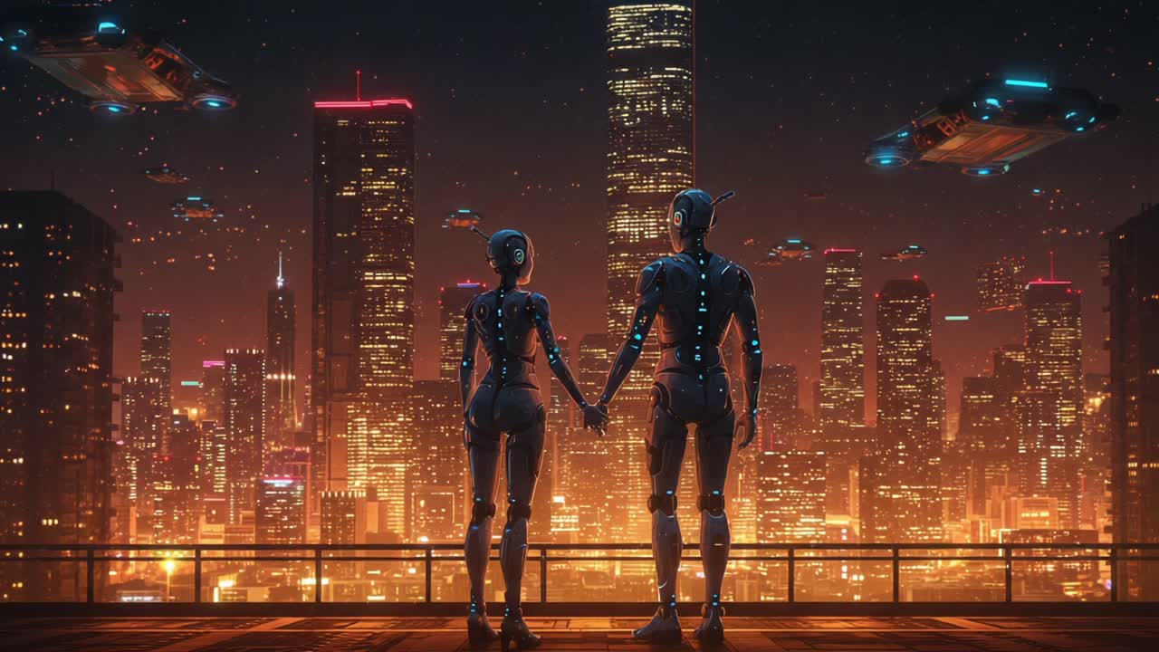A Breathtaking Nightscape Featuring Two Robots Holding Hands Against a Dazzling Futuristic City Skyline Illuminated by Hovering Vehicles and Glimmering Lights