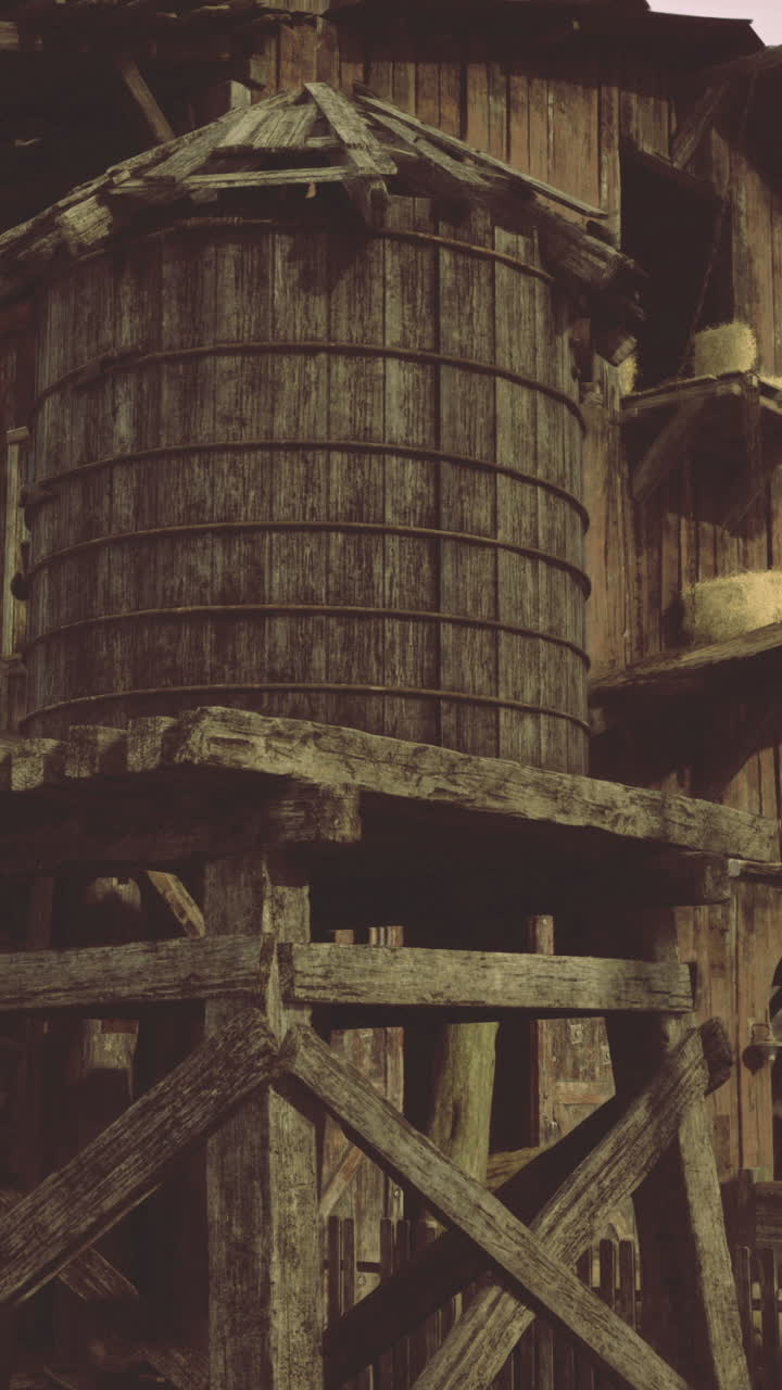 Rustic wooden barn with antique water tank at an old homestead
