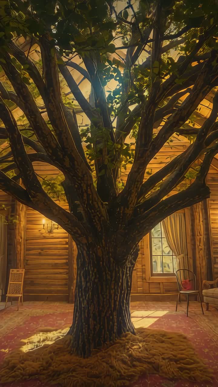 Vertical video: Starting near mossy rug and trunk, camera tilting, panning upward in cabin interior