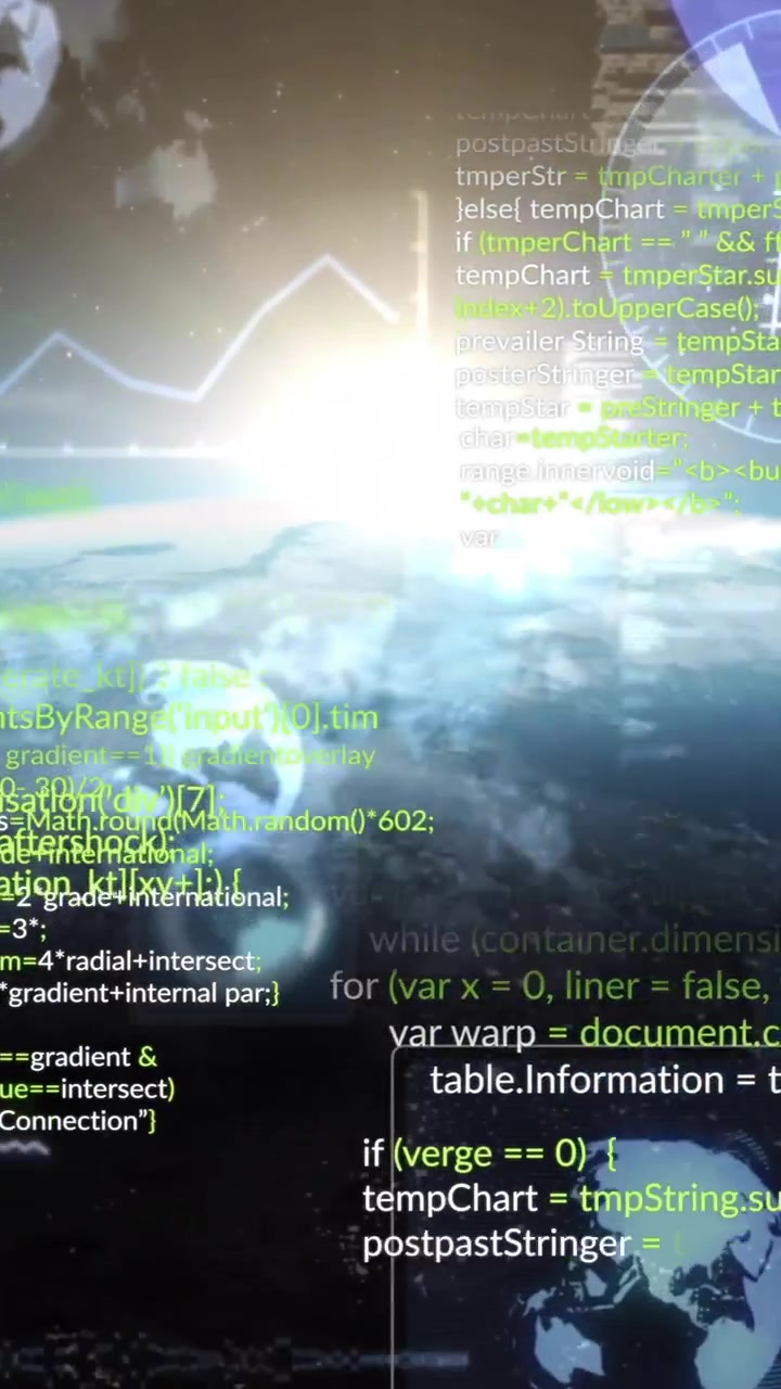 Programming code and data processing animation over Earth from space