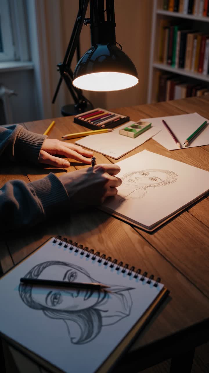 Vídeo conceptual cálido y acogedor de un artista dibujando retratos en un escritorio de madera