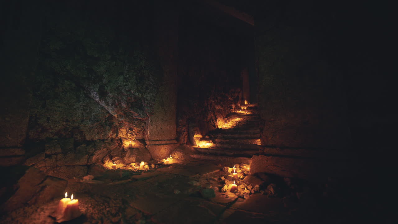 Candle lit pathway through a dark cave revealing an ancient atmosphere