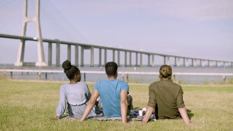 Back-view-of-young-people-sitting-on-meadow-and-talking