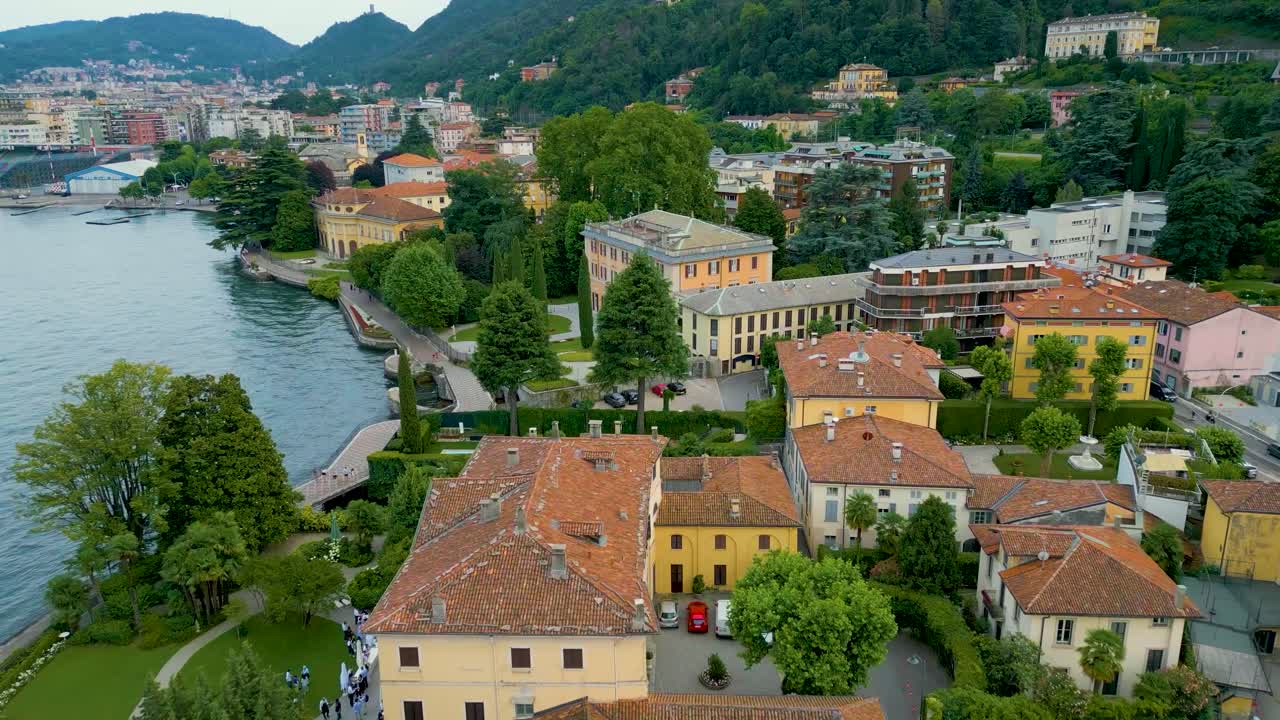 4K Aerial Drone Video of the Beautiful Lakeside Gardens of Villas on Lake Como, Italy in the Summer