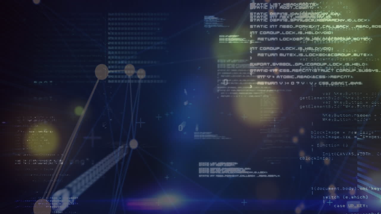 Animation of bokeh lights, connecting dots with data processing on digital interface