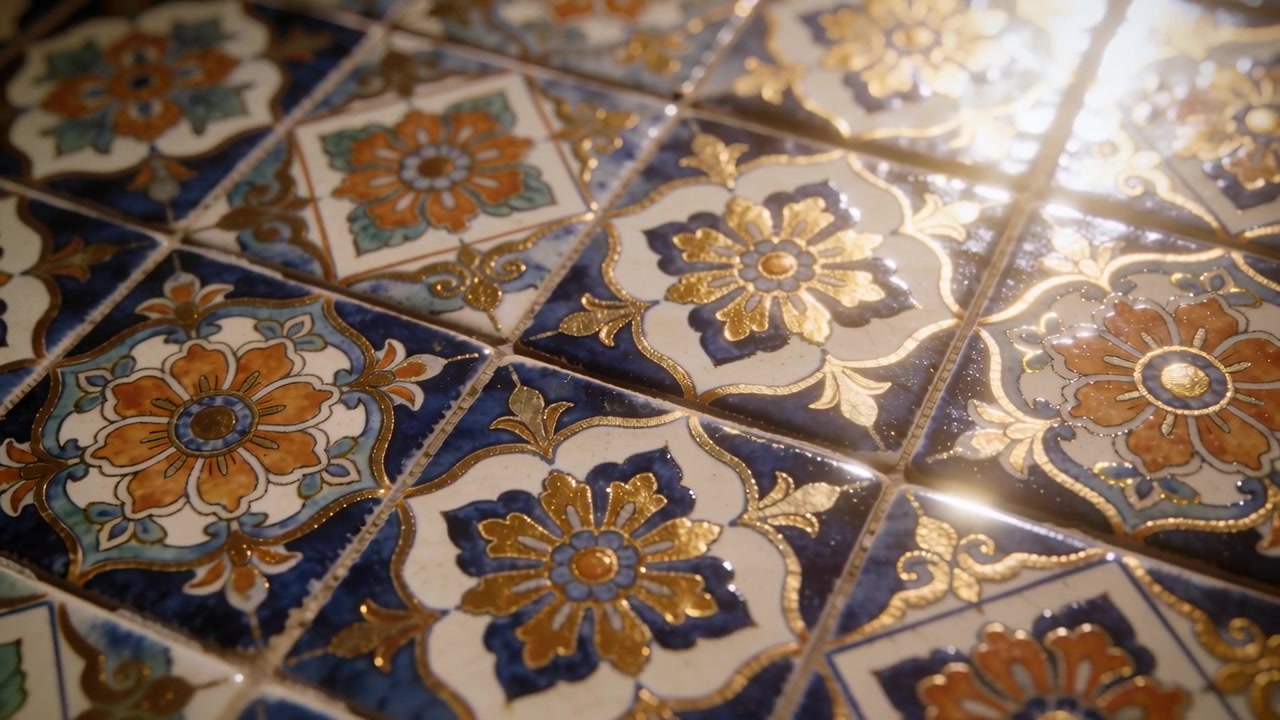 Luce solare che si sposta rivelando piastrelle di ceramica ornate su una superficie interna, creando bagliori dorati sulla smaltatura.