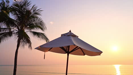 sombrilla de playa y silueta de palmera de coco en la colorida puesta de sol dorada en tailandia