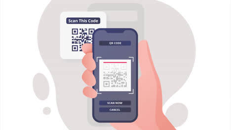 gráfico de movimiento de la ilustración de una persona escaneando un código qr con un teléfono inteligente