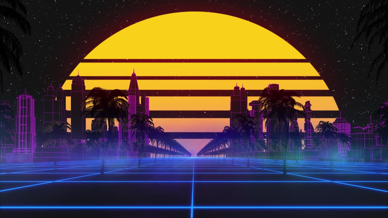 현대적인 도시, 나무, 태양 및 반이는 별과 함께 스타일화 된 빈티지 3d 애니메이션 배경.