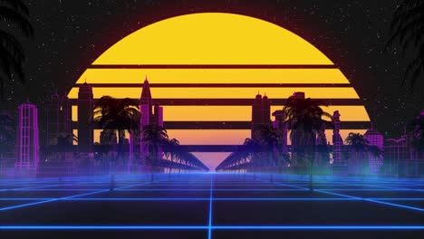 estilizado vintage fondo de animación 3d con ciudad moderna, palmeras, sol y estrellas brillantes. 80s retro futurista ciencia ficción bucle sin costuras