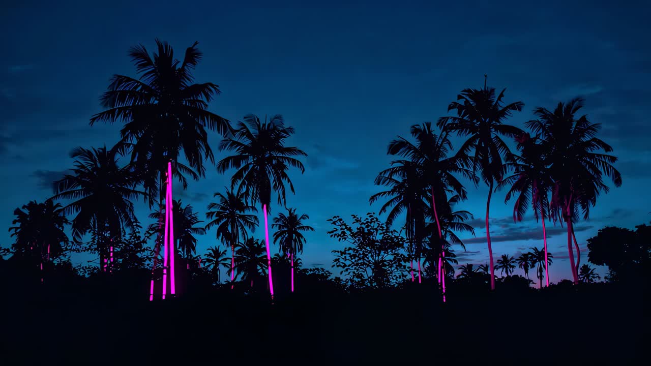 Panning camera moving right over tropical palm grove at twilight, revealing neon pink trunk strips