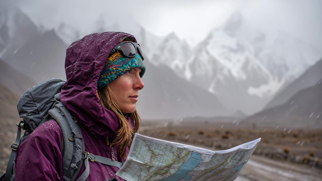 Close-up of a woman backpacker in waterproof jacket studying a paper map outdoors as snow falls, with dramatic snowcapped peaks and a remote valley in background