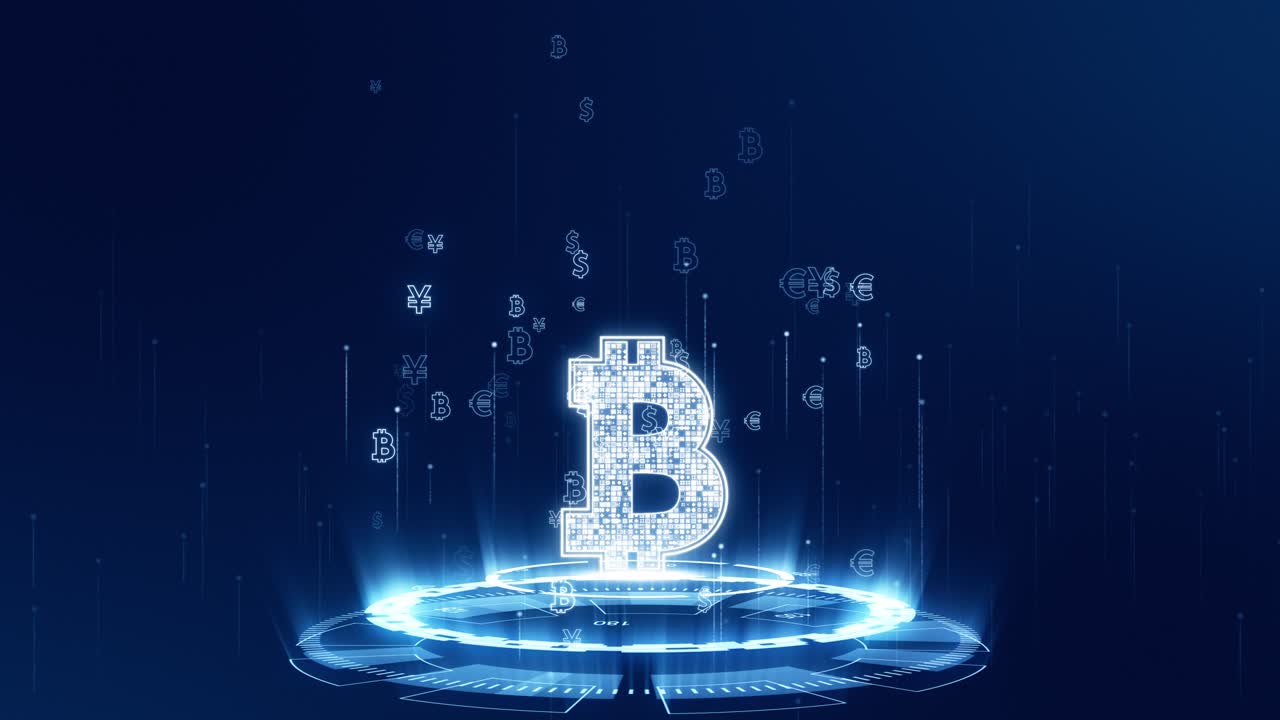 gráfico en movimiento del logotipo de dinero digital azul con tecnología futurista icona de rotación de círculo y levitación en fondo abstracto