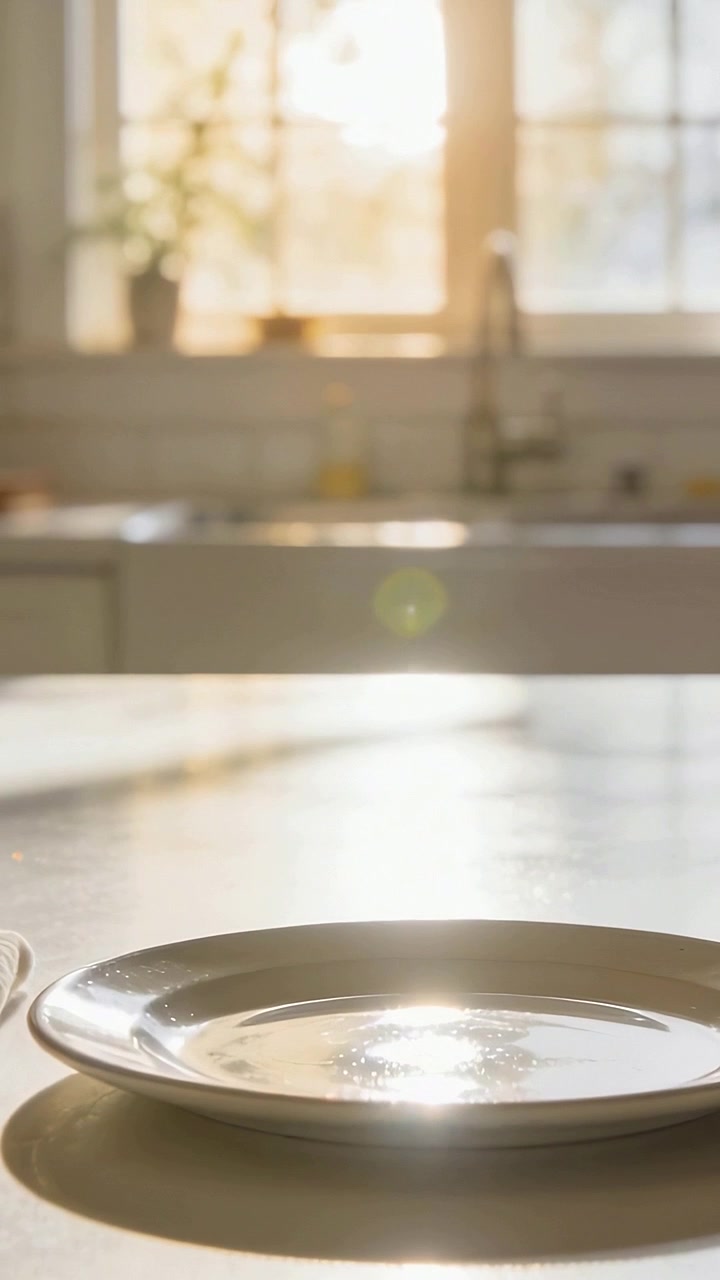 Video verticale: Piatto bianco che riflette la luce solare proveniente da una finestra su un piano cucina, lens flare