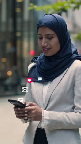 Vertikales-Video-Einer-Muslimischen-Geschäftsfrau,-Die-Vor-Einem-Stadtbüro-Steht-Und-Auf-Ihr-Mobiltelefon-Schaut,-Mit-Emojis-In-Bewegter-Grafik,-Die-Mehrere-Netzwerknachrichten-Und-Benachrichtigungen-Aus-Sozialen-Medien-Zeigen