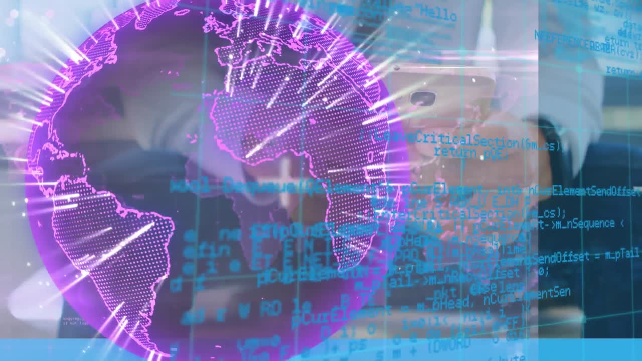 animación de la red mundial de conexiones y procesamiento de datos a través de un empresario que usa un teléfono inteligente