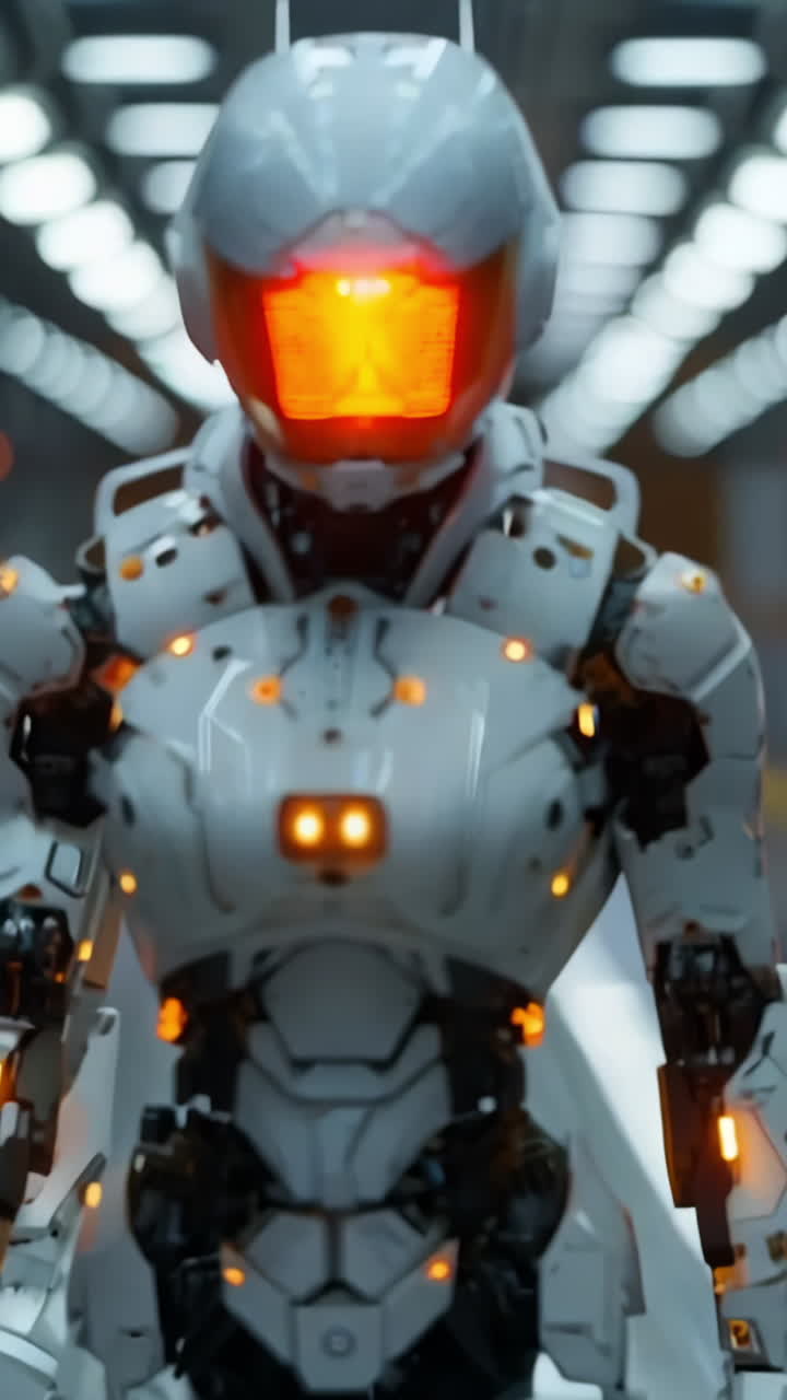 Three robots in white uniforms stand in a hallway. The robots are wearing helmets and have glowing lights on their bodies. The scene is futuristic and gives off a sense of advanced technology
