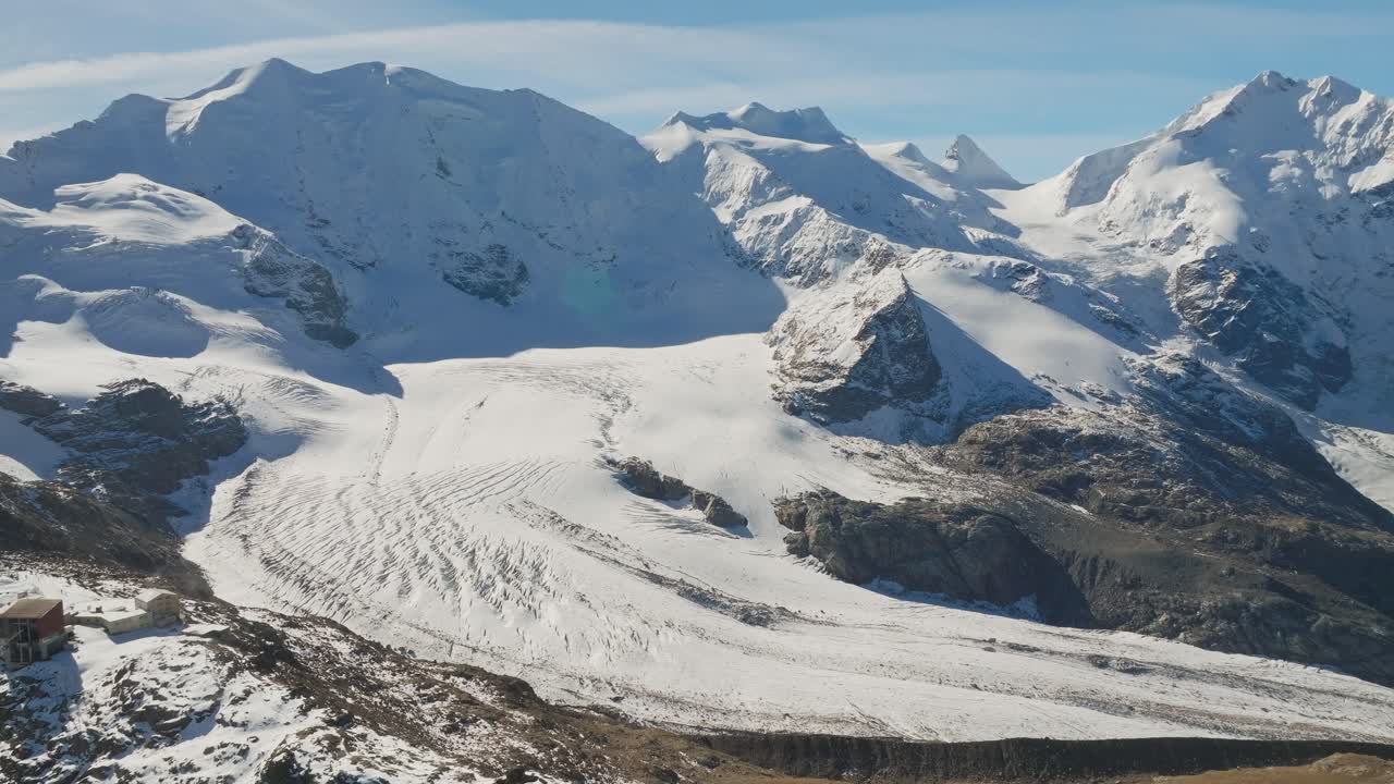 Sweeping view of Pers icy Glacier and jagged mountain ridges in Switzerland