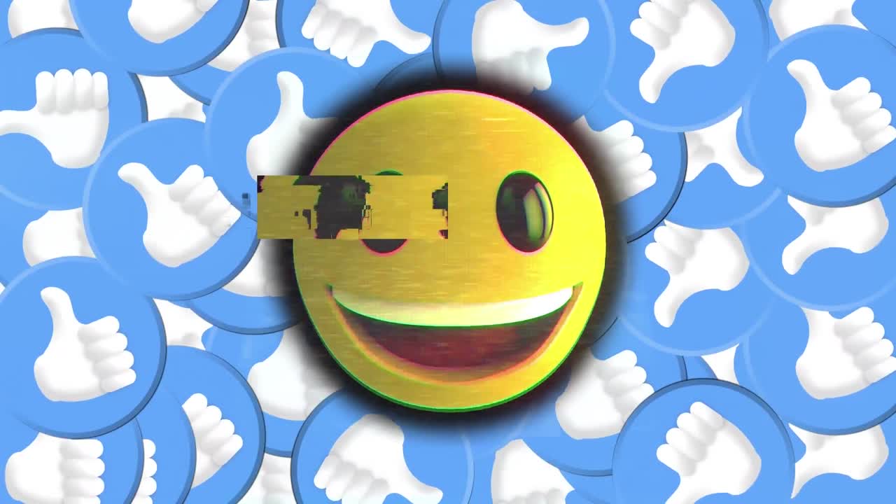 웃는 이모지 아이콘과 검은색 배경 위에 엄지손가락을 올리는 아이콘의 애니메이션