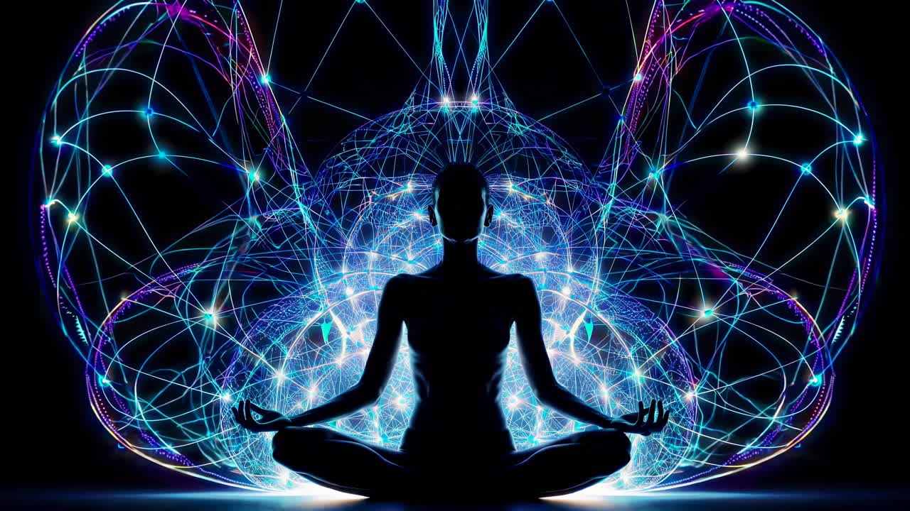 Silhouette of a person meditating with a vibrant, digital network background