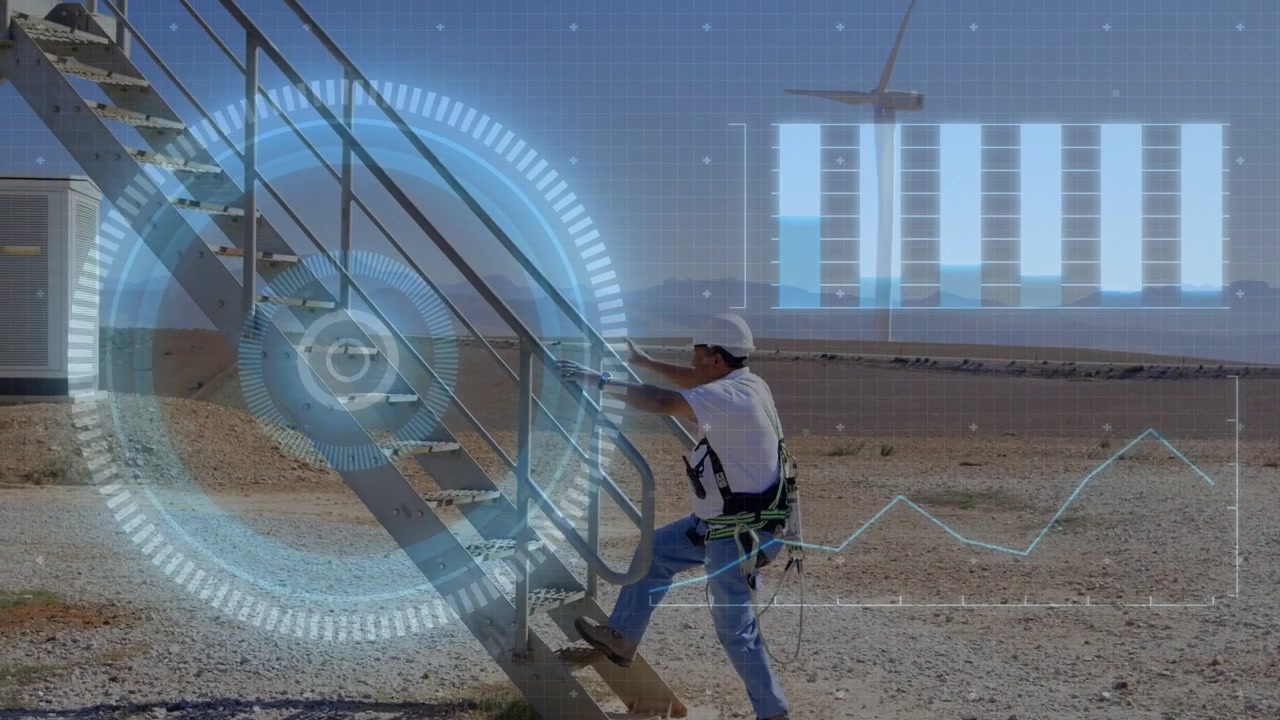 Tech approaching stairs at wind farm HUD scanning stairs inspecting rail and climbing for safety