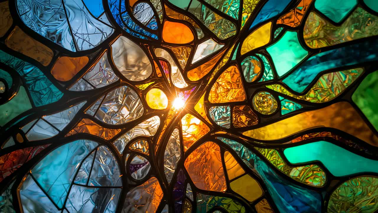 Shifting sunbeams filtering through stained glass panel in chapel, lighting multicolored glass